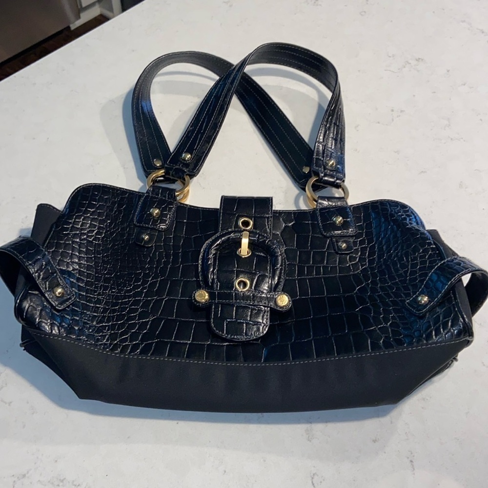 Franco Sarto NWOT Black Crocodile Embossed Purse. Gold Tone hardware